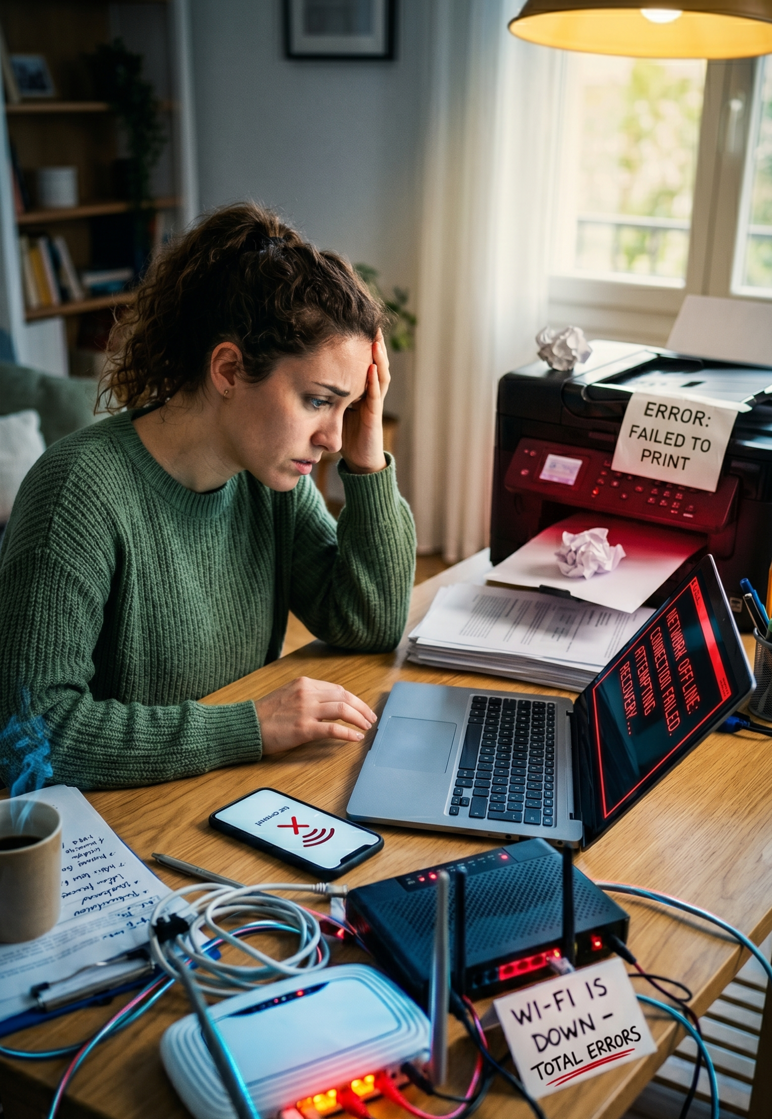 User experiencing printer and Wi-Fi connectivity problems at home