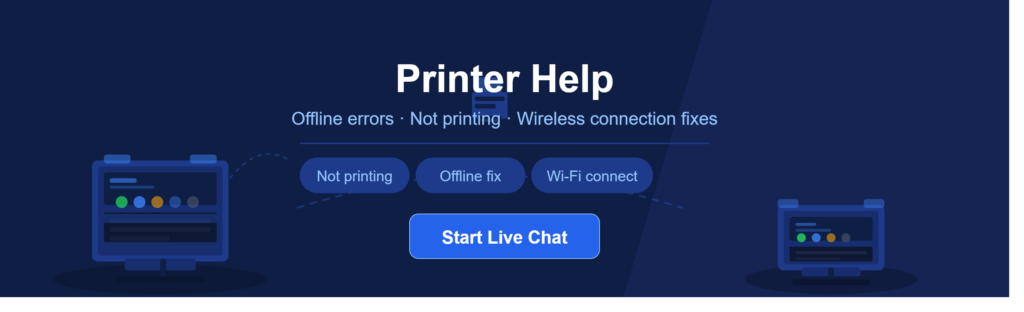 Printer help illustration showing printer connection and offline fix guidance