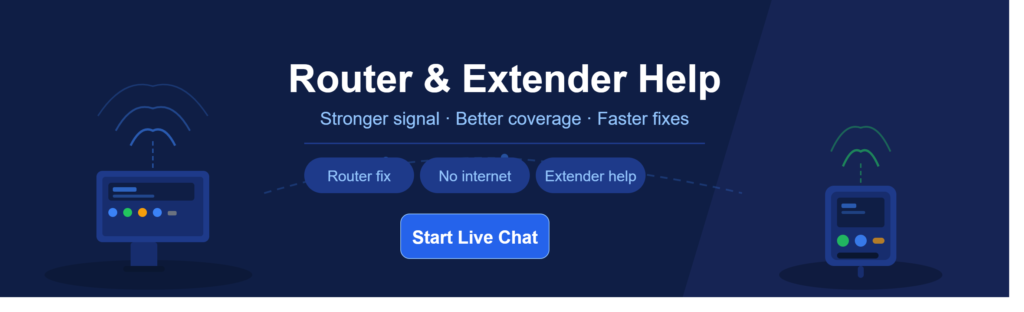 Router and extender help illustration showing Wi-Fi router, extender and signal coverage